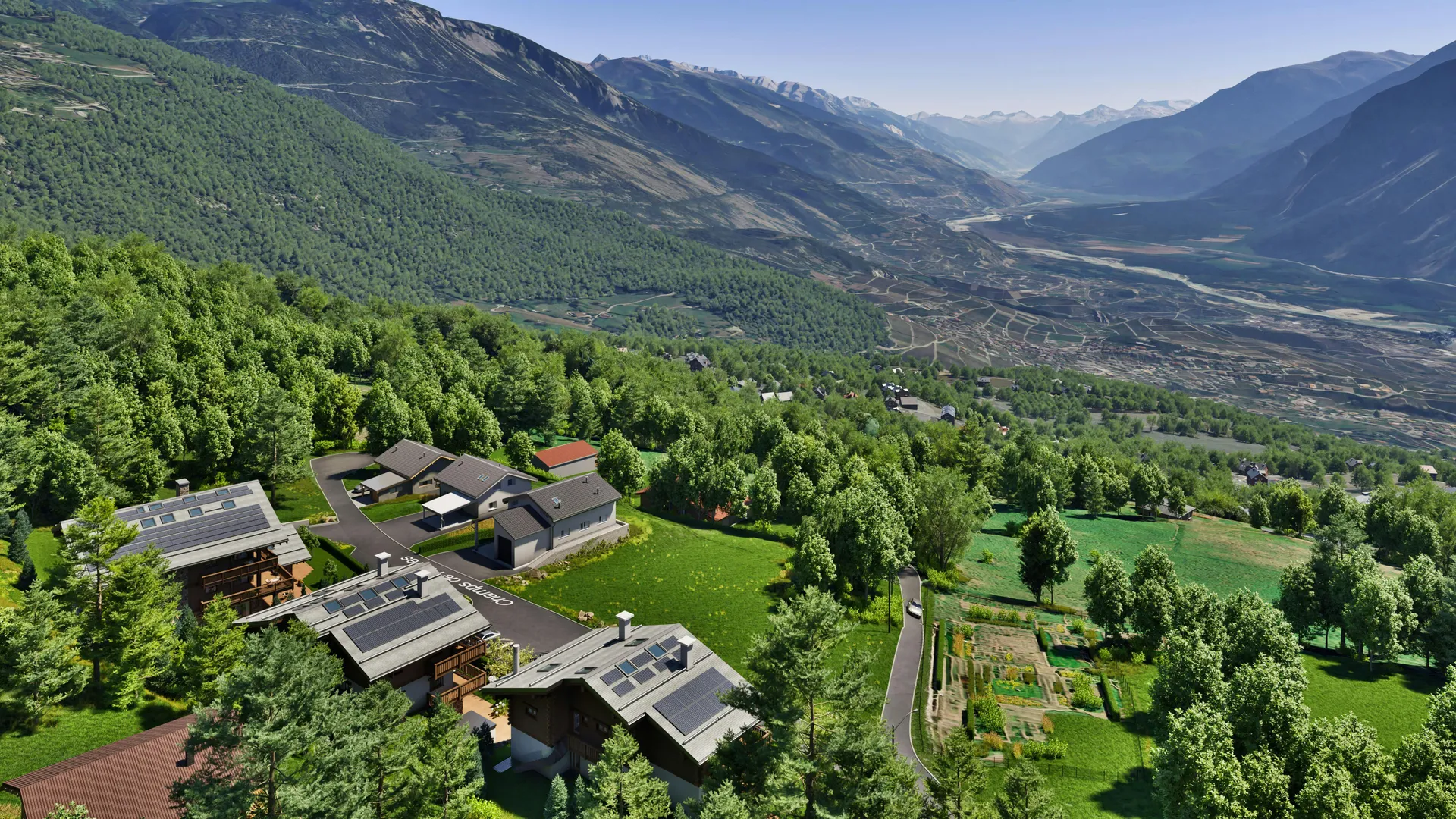 High-quality 3D rendering of premium Alpine apartments with terraces overlooking Pennine Alps peaks