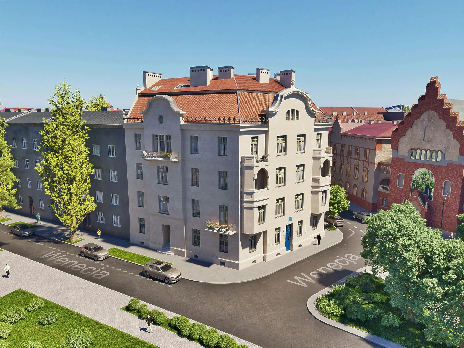 Interactive 3D twin showing apartment views and green space perspectives in downtown Krakow location