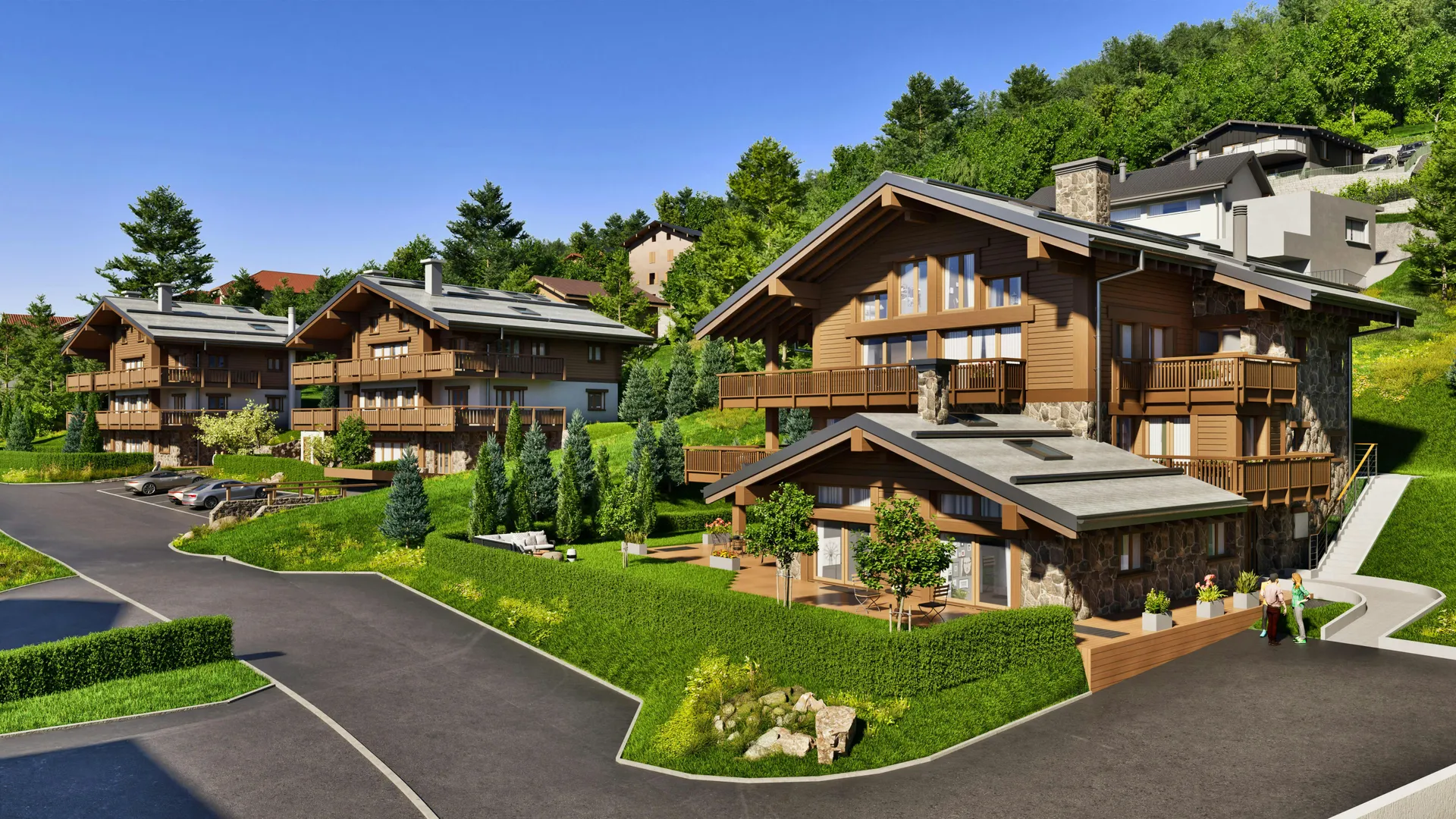 Digital 3D rendering of premium mountain residential buildings