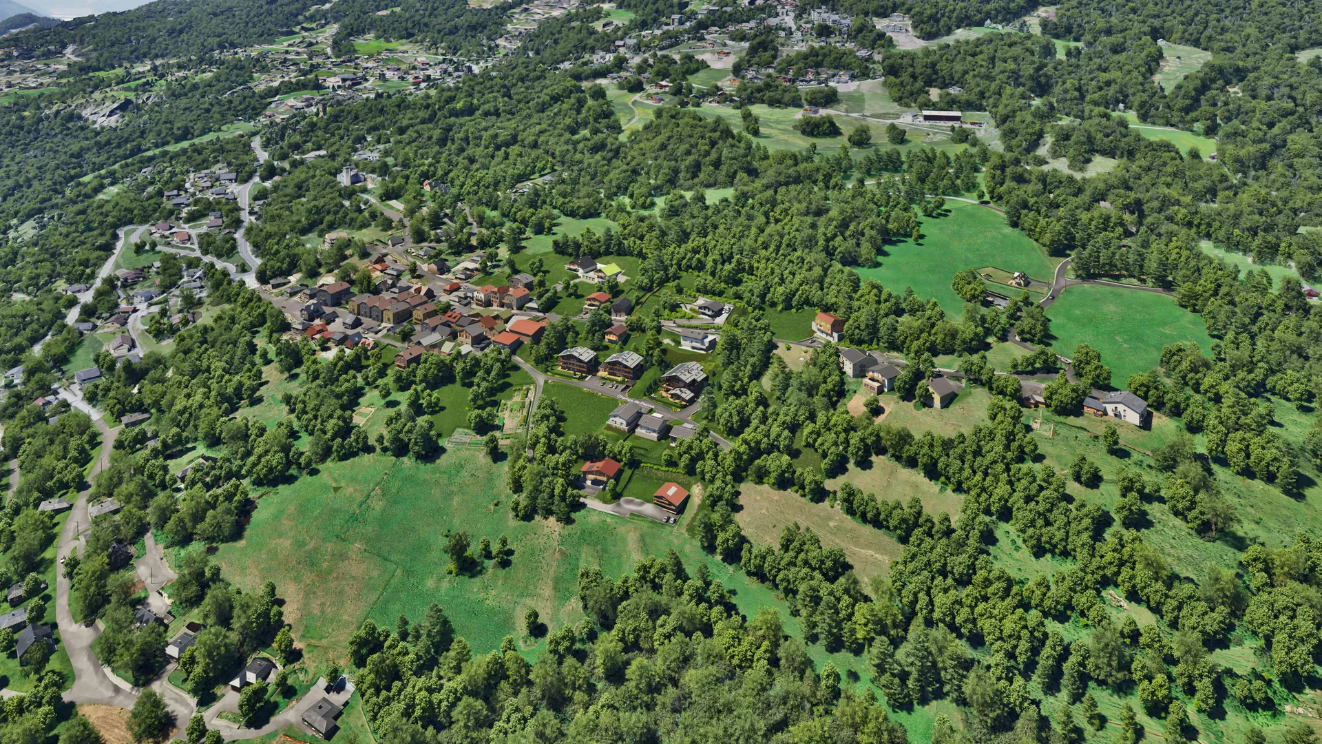 Interactive digital presentation of three residential buildings in Alpine architectural style with modern comfort