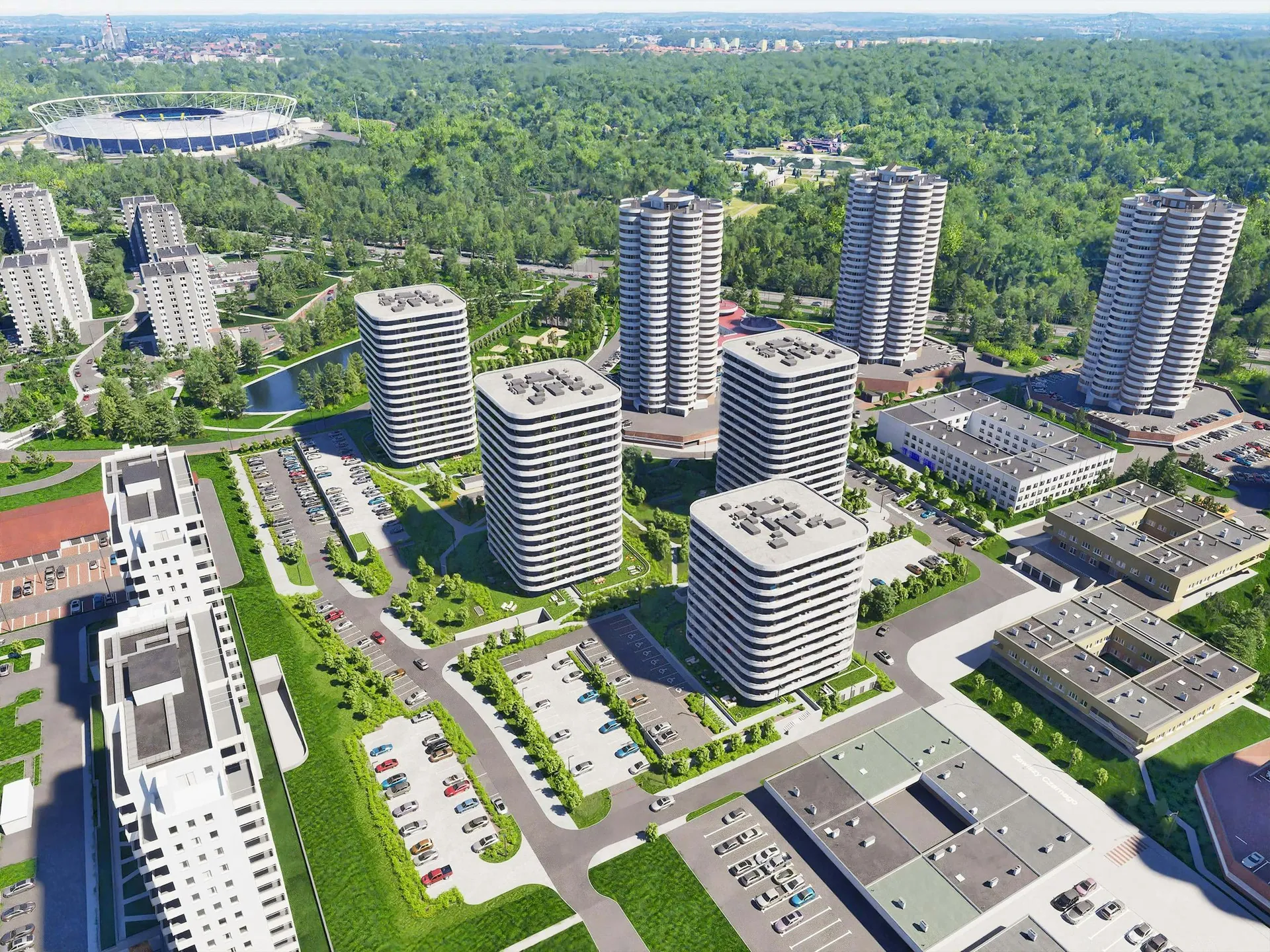 Render 3D de arquitectura residencial con entorno urbano