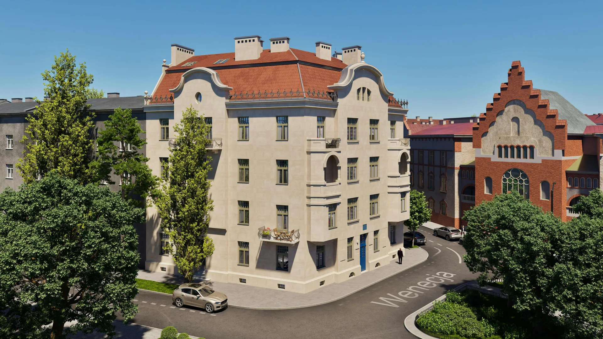 Digital twin presentation of restored 1911 building with views of Wawel Castle and historic Krakow