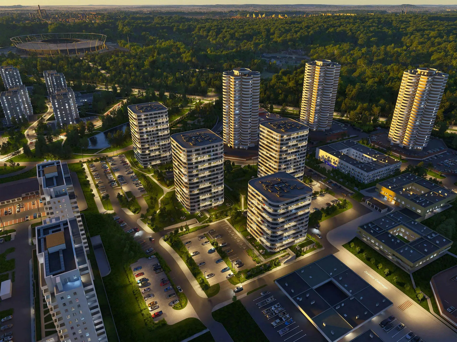 3D Twin del proyecto residencial con vistas y entorno