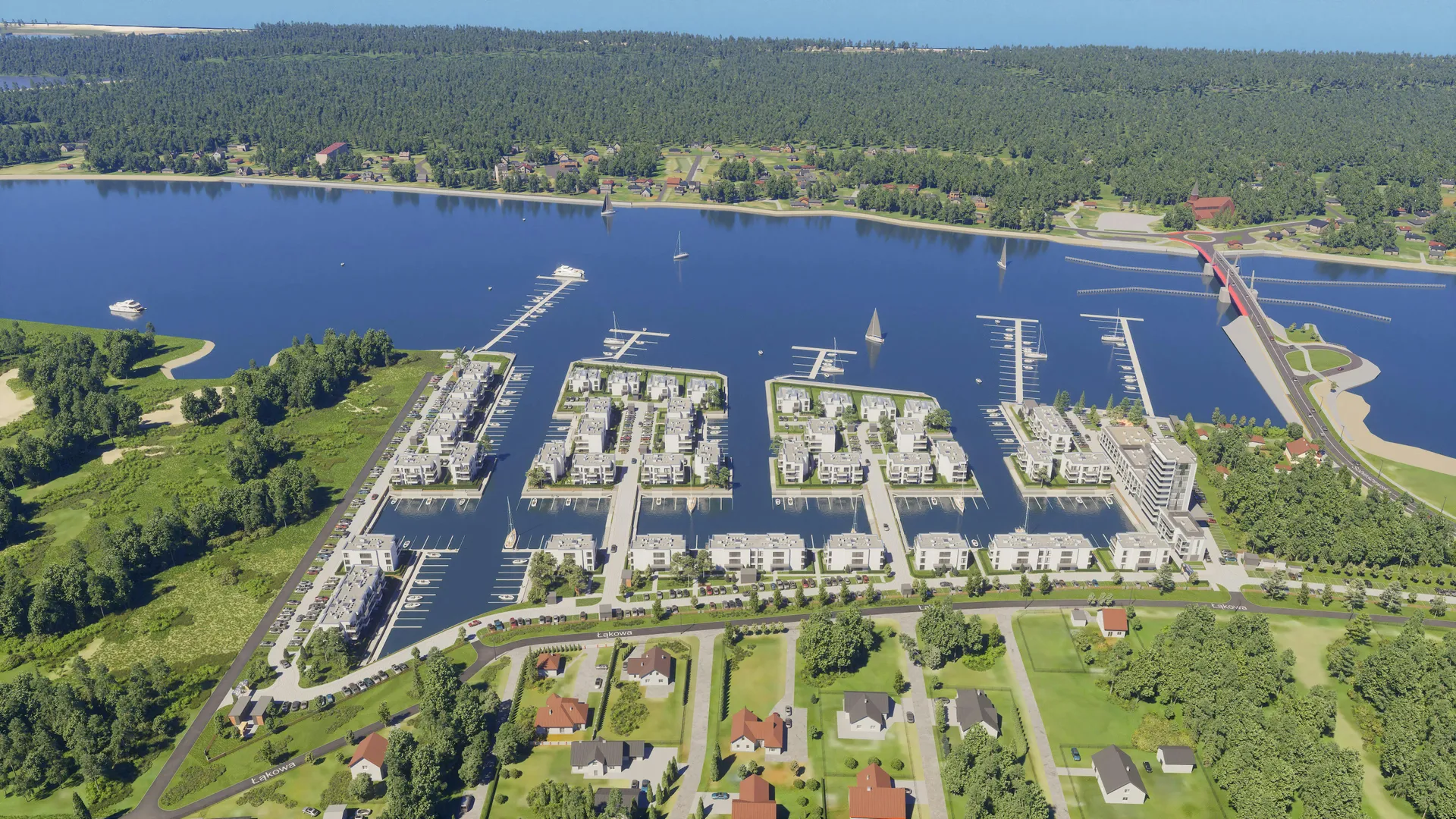 Architectural 3D rendering showing intimate-scale waterfront buildings integrated with natural surroundings